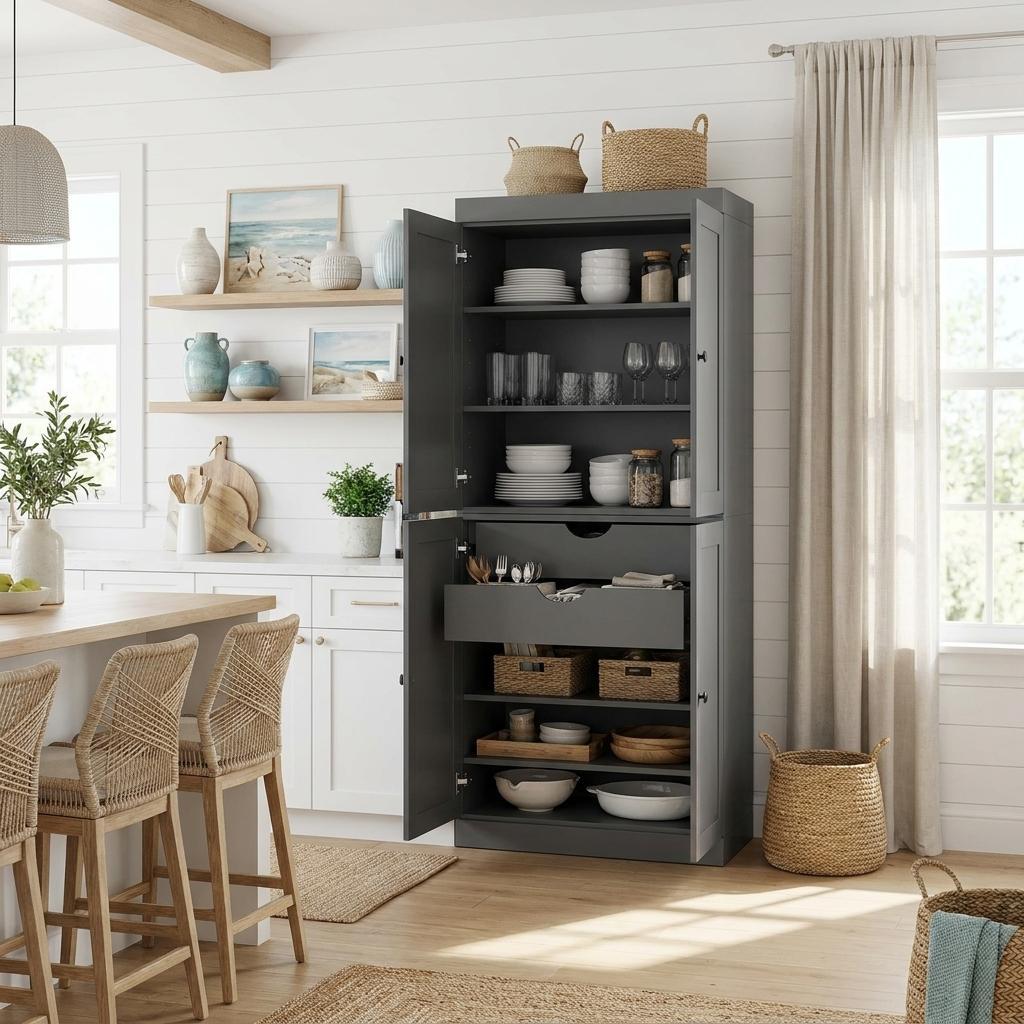 72" Gray Solid Wood Four Door Two Drawer Pantry Or Storage Closet