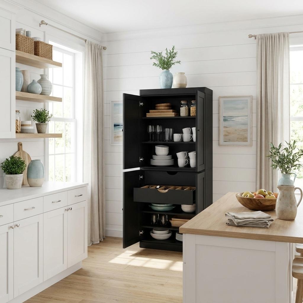 72" Black Solid Wood Four Door Two Drawer Pantry Or Storage Closet