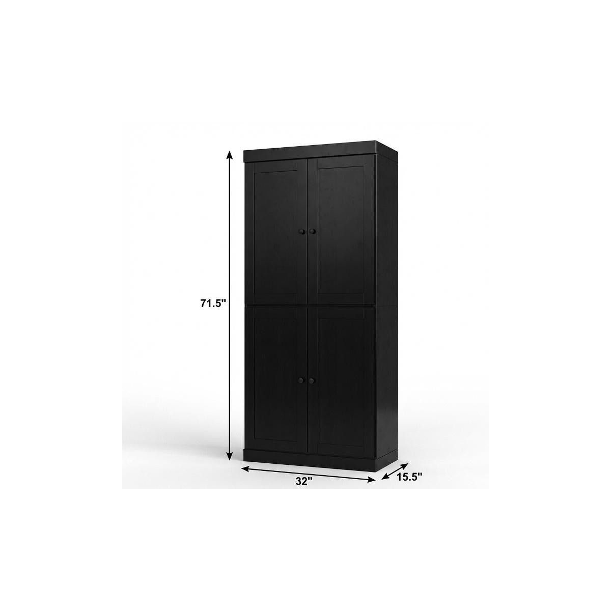 72" Black Solid Wood Four Door Two Drawer Pantry Or Storage Closet