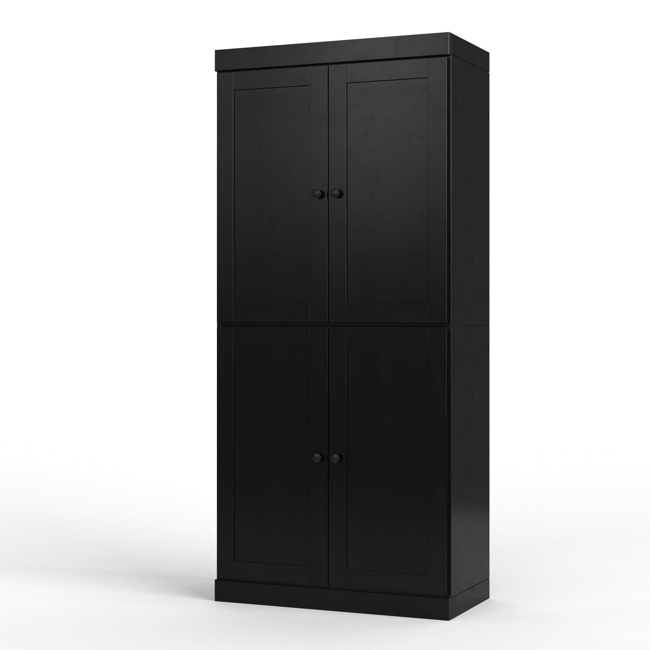 72" Black Solid Wood Four Door Two Drawer Pantry Or Storage Closet