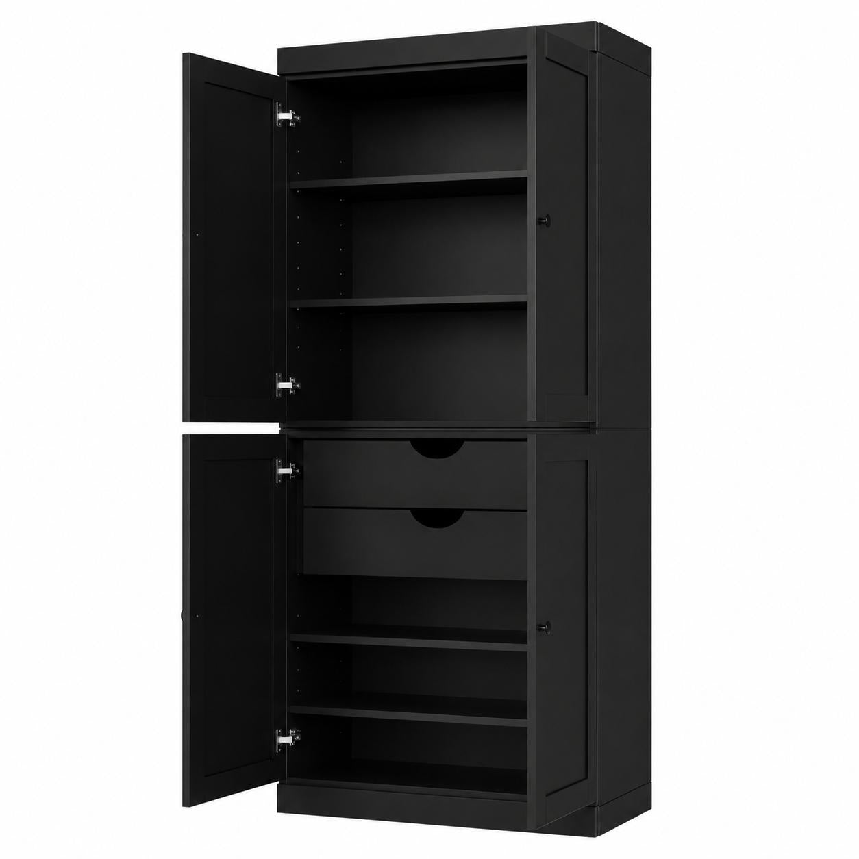 72" Black Solid Wood Four Door Two Drawer Pantry Or Storage Closet