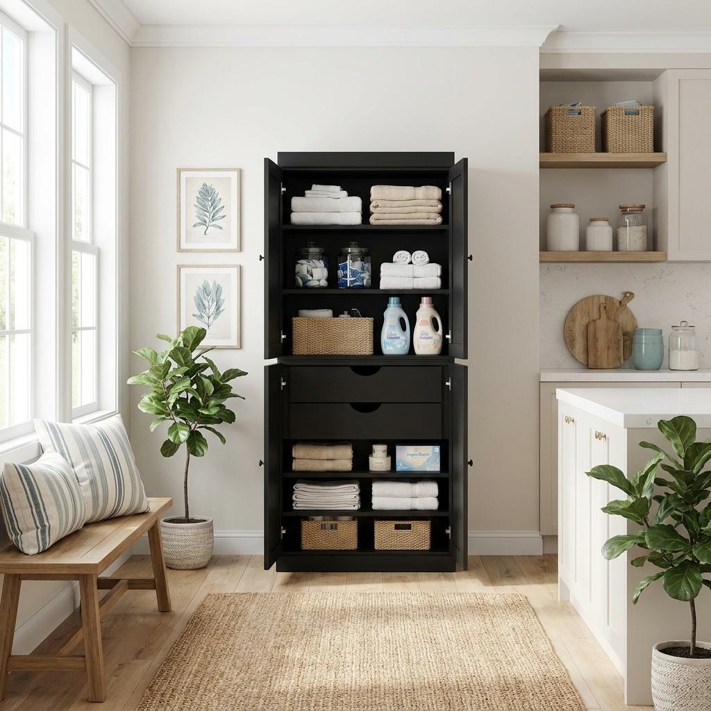 72" Black Solid Wood Four Door Two Drawer Pantry Or Storage Closet