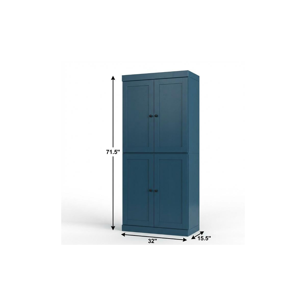 72" Teal Blue Solid Wood Four Door Two Drawer Pantry Or Storage Closet