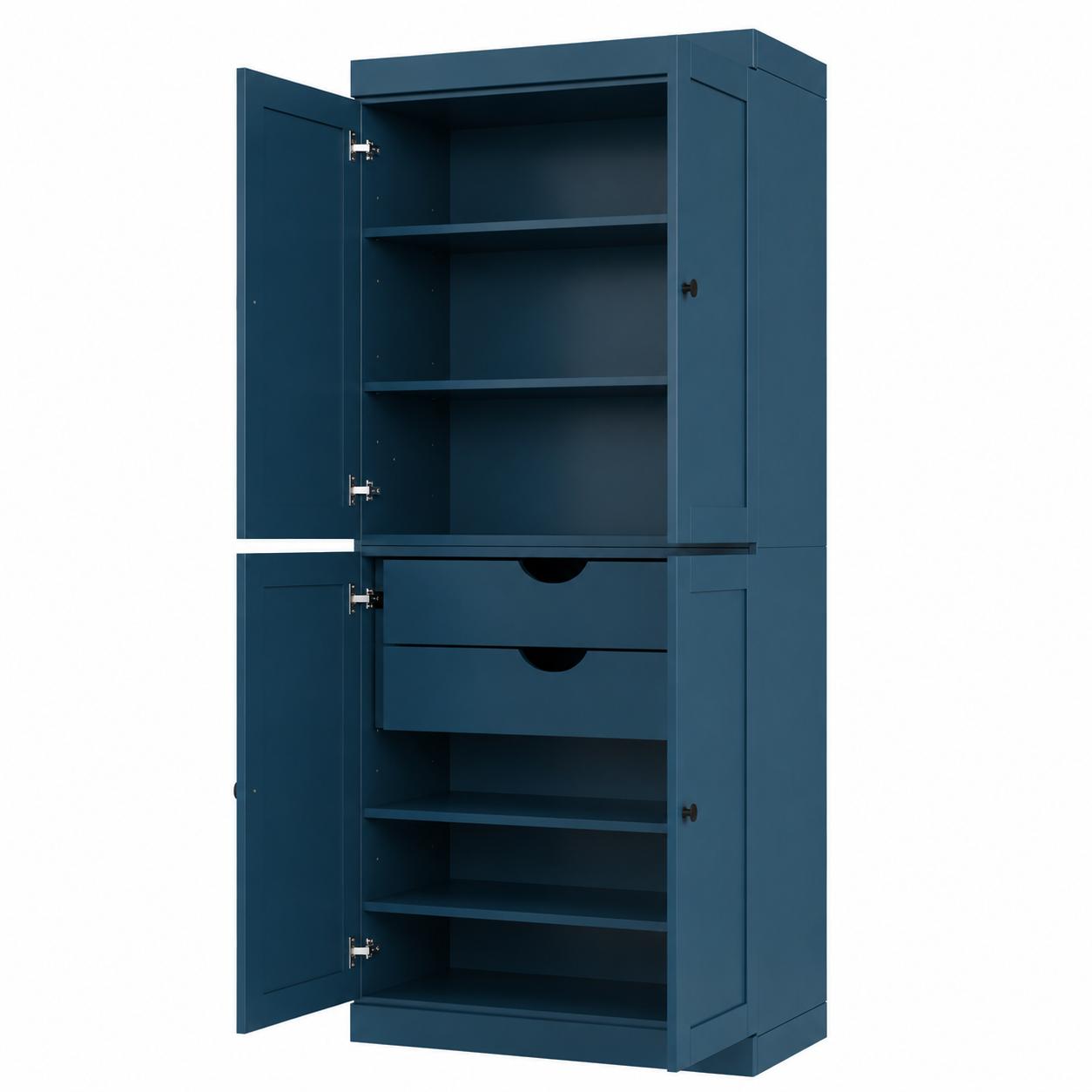 72" Teal Blue Solid Wood Four Door Two Drawer Pantry Or Storage Closet