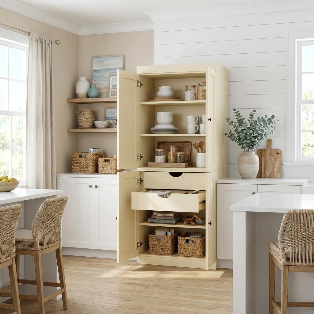 72" Yellow Solid Wood Four Door Two Drawer Pantry Or Storage Closet
