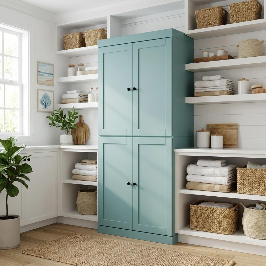 72" Aqua Solid Wood Four Door Two Drawer Pantry Or Storage Closet