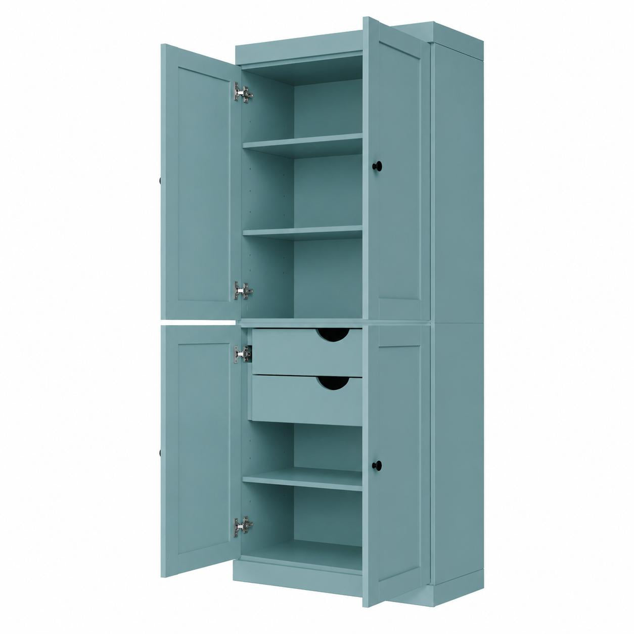 72" Aqua Solid Wood Four Door Two Drawer Pantry Or Storage Closet