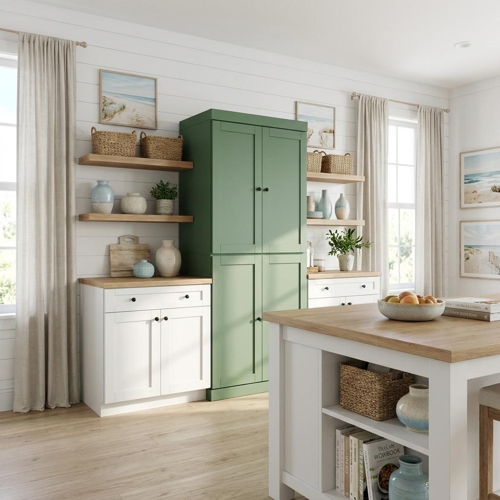 72" Green Solid Wood Four Door Two Drawer Pantry Or Storage Closet