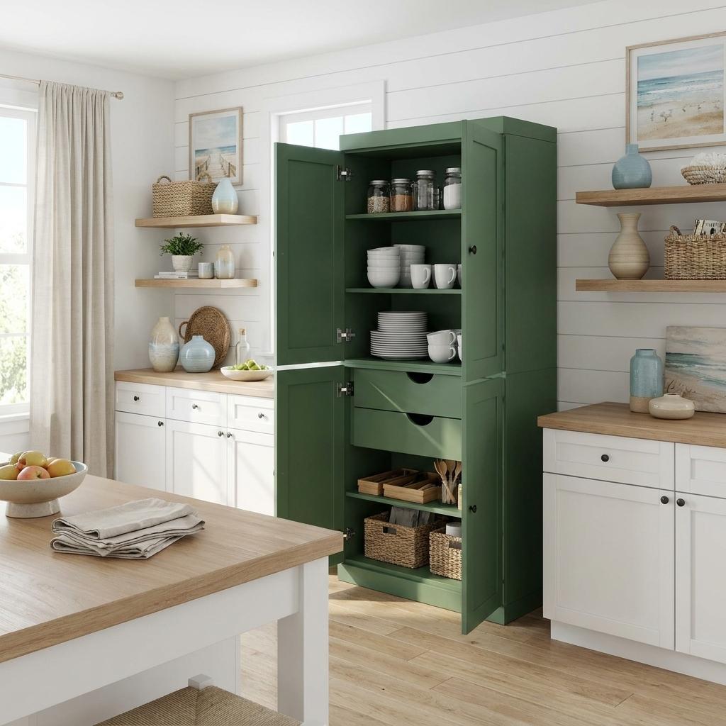 72" Green Solid Wood Four Door Two Drawer Pantry Or Storage Closet