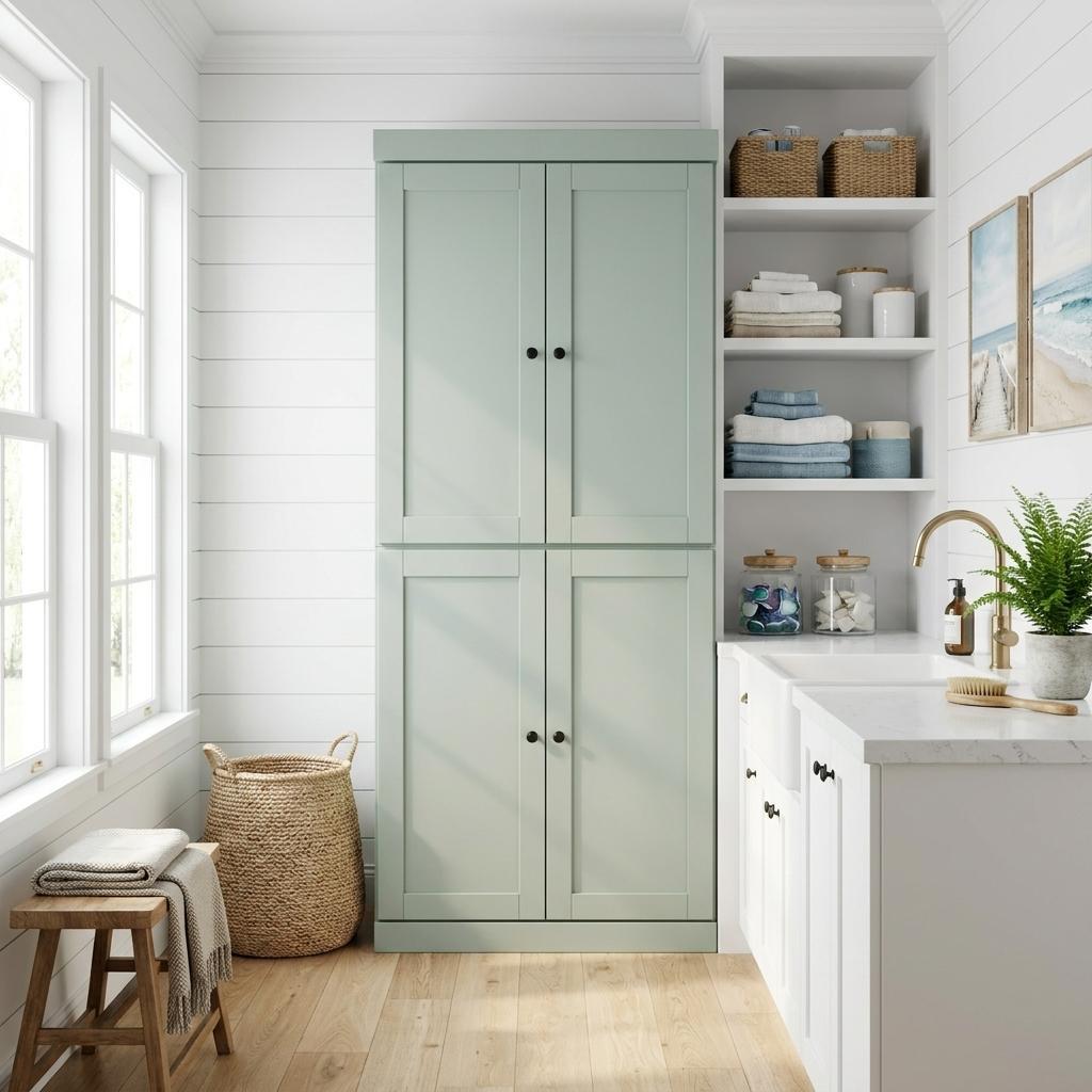 72" Sage Solid Wood Four Door Two Drawer Pantry Or Storage Closet