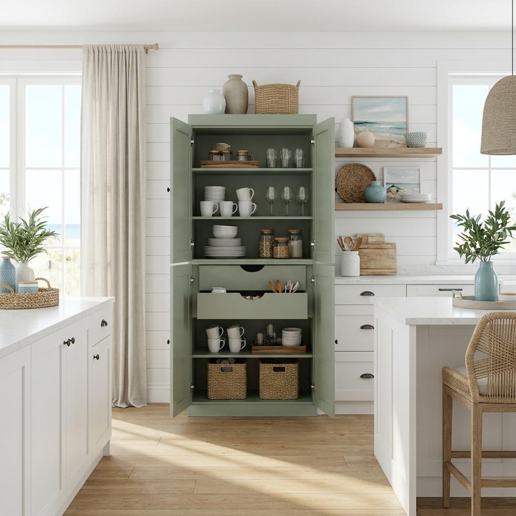 72" Sage Solid Wood Four Door Two Drawer Pantry Or Storage Closet