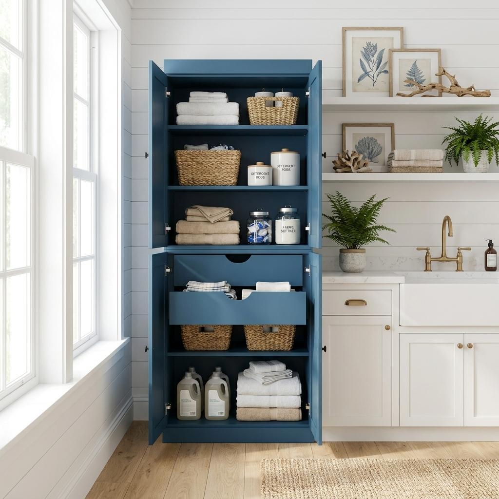 72" Navy Blue Solid Wood Four Door Two Drawer Pantry Or Storage Closet