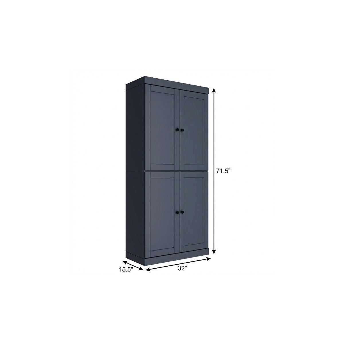 72" French Blue Solid Wood Four Door Two Drawer Pantry Or Storage Closet