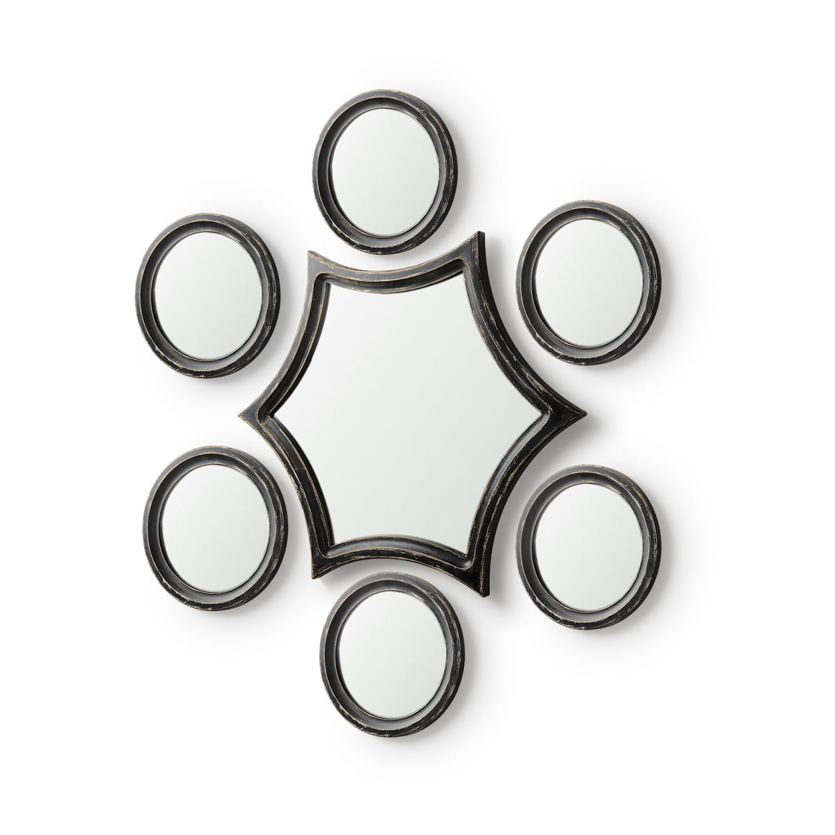 Set of Seven Black Wood Geometric Framed Accent Mirrors