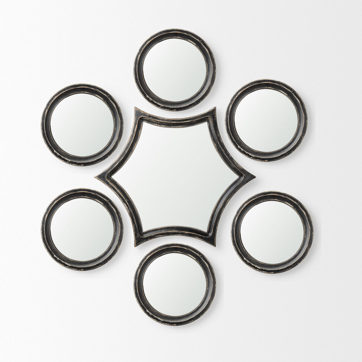Set of Seven Black Wood Geometric Framed Accent Mirrors
