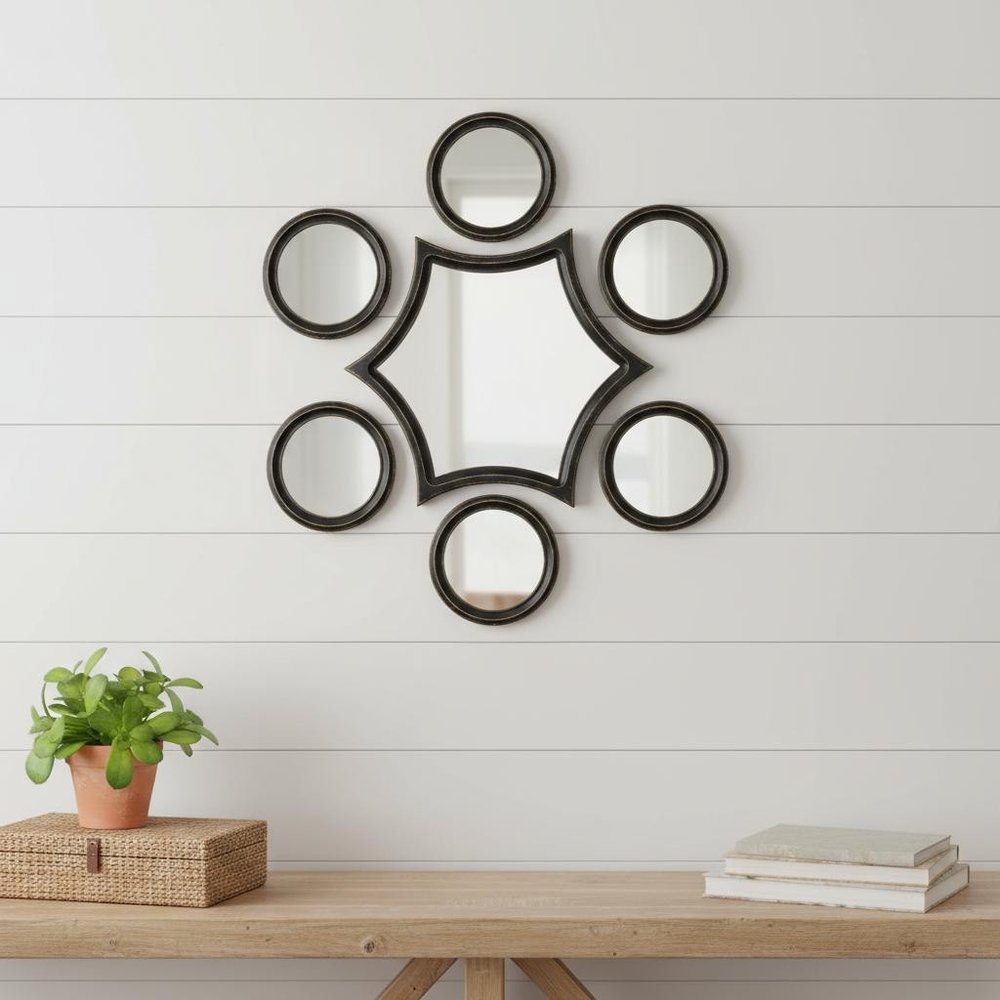 Set of Seven Black Wood Geometric Framed Accent Mirrors