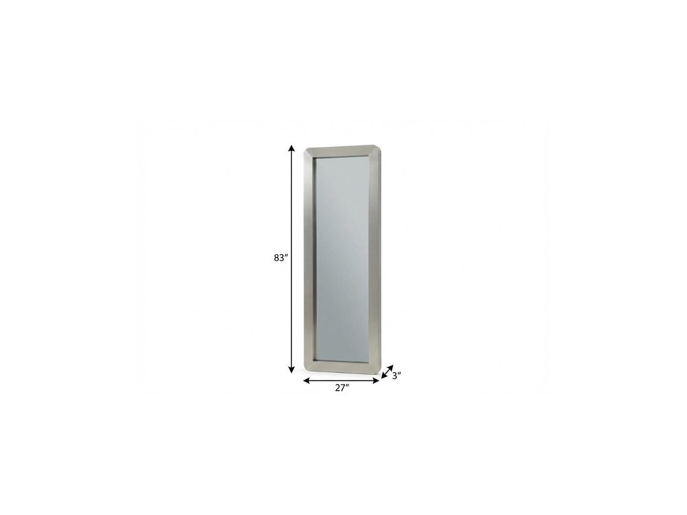 83" Silver And Gray Stainless Steel Wall Mounted And Leaning Framed Accent Mirror