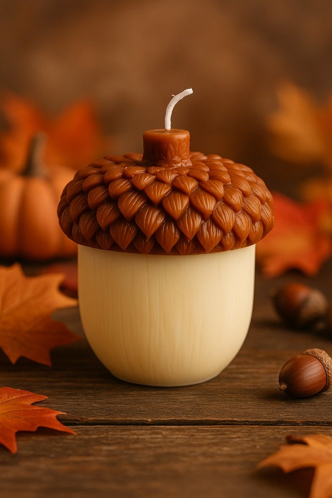 4" Brown And Ivory Pumpkin And Apple Scented Dimensional Acorn Candle