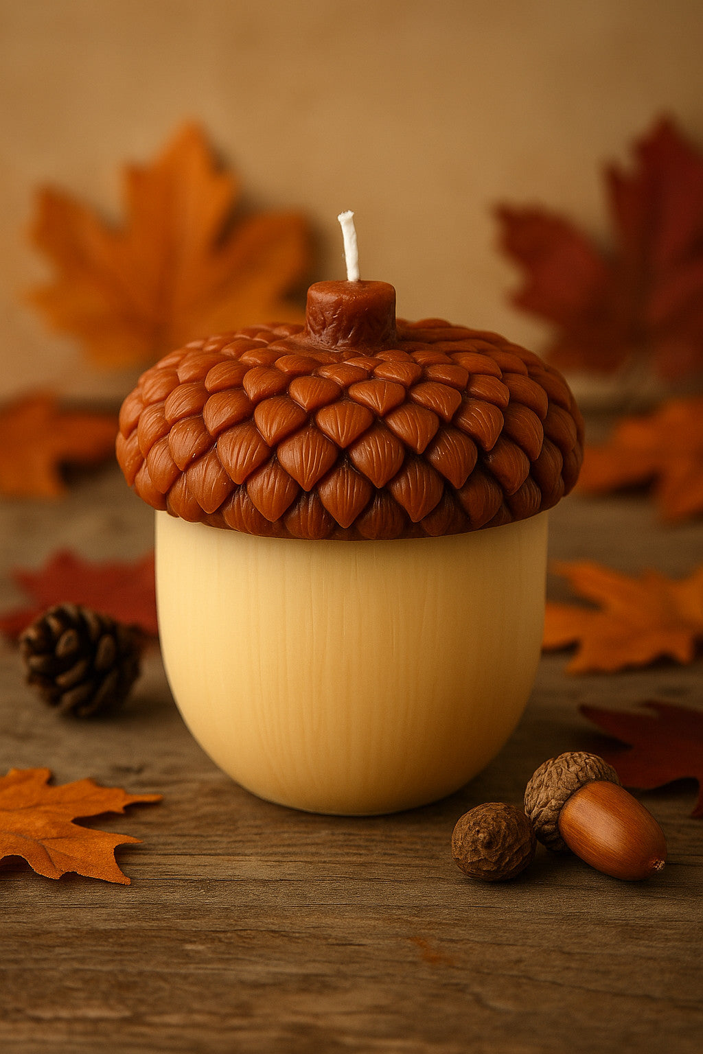 4" Brown And Ivory Pumpkin And Apple Scented Dimensional Acorn Candle