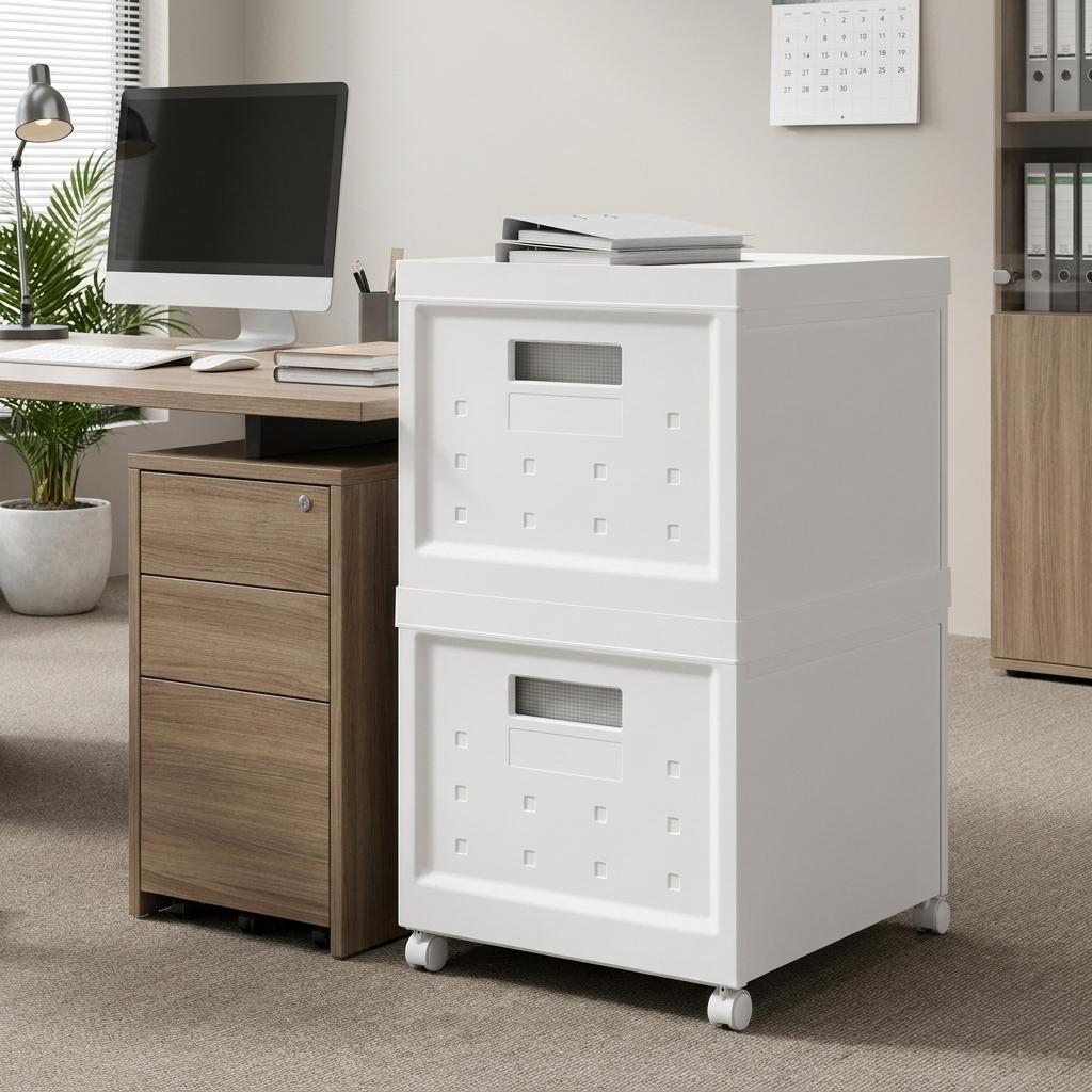 Set Of Two White Plastic Rolling Filing Cabinet