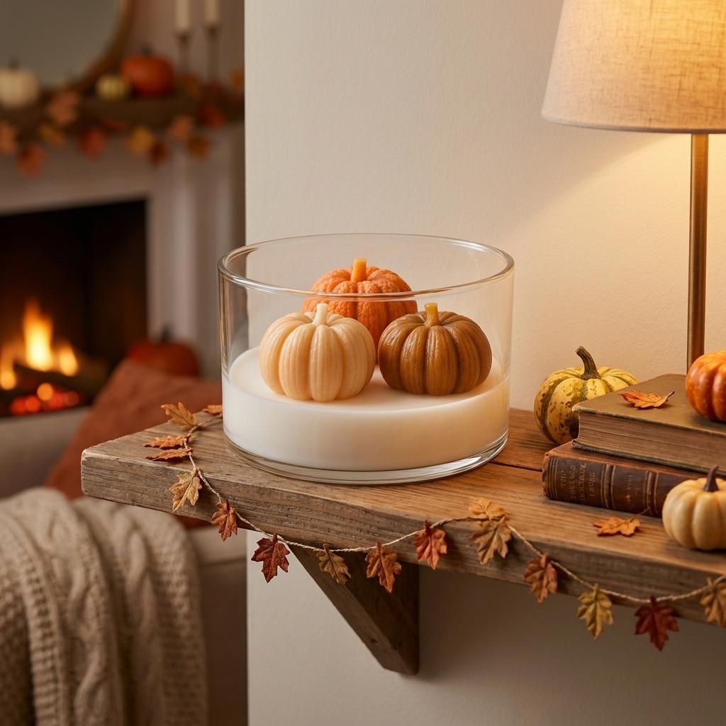 4" Brown Orange And White Apple And Pumpkin Scented Mini Pumpkin Candles In Clear Glass Jar