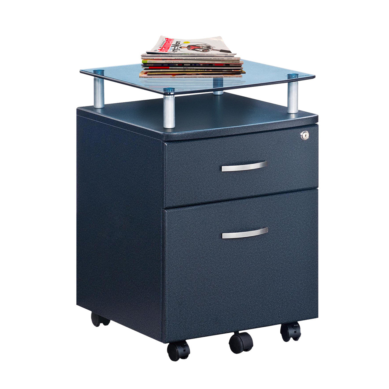 Graphite Glass Wood And Metal Two Drawer Rolling Filing Cabinet