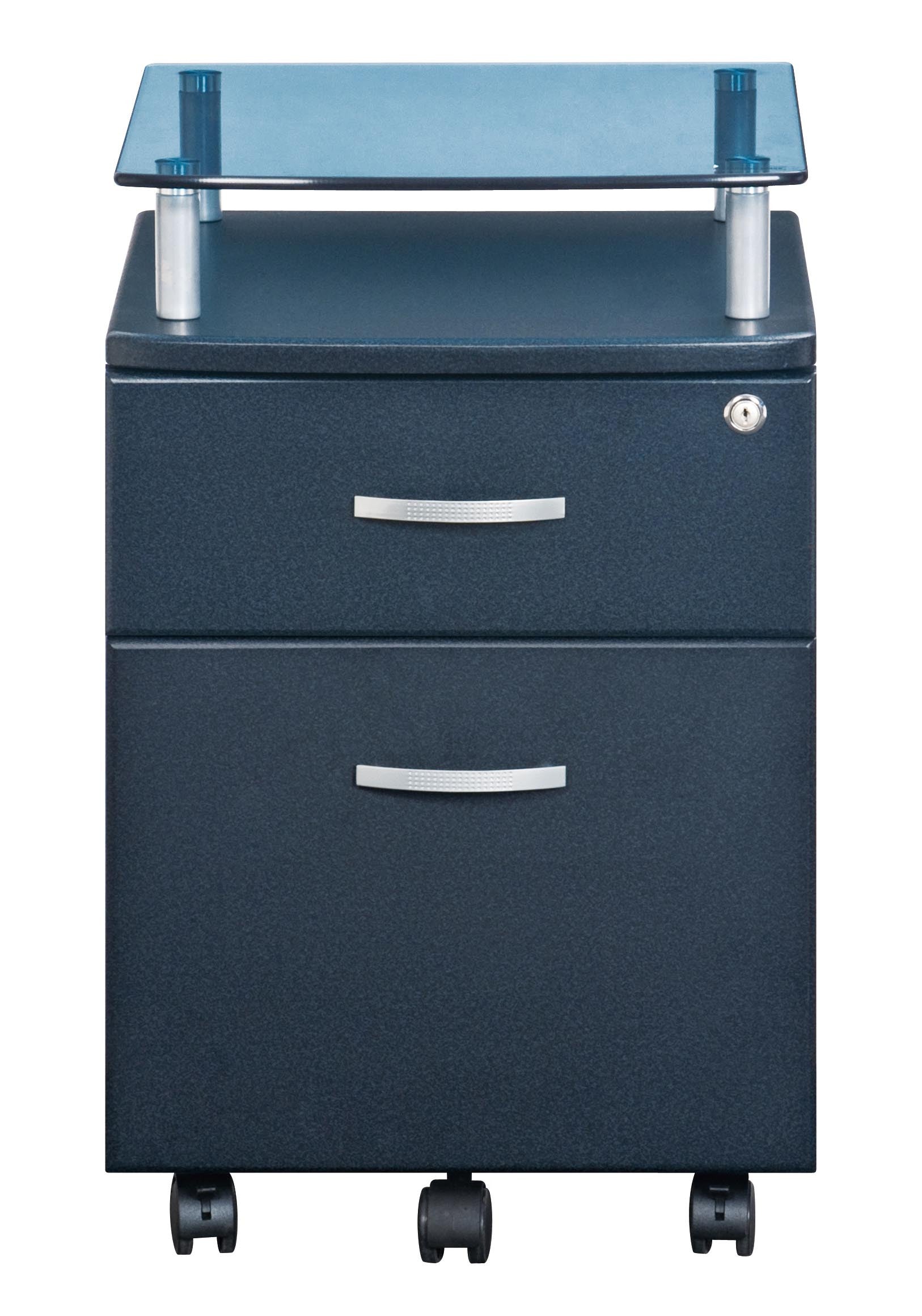 Graphite Glass Wood And Metal Two Drawer Rolling Filing Cabinet