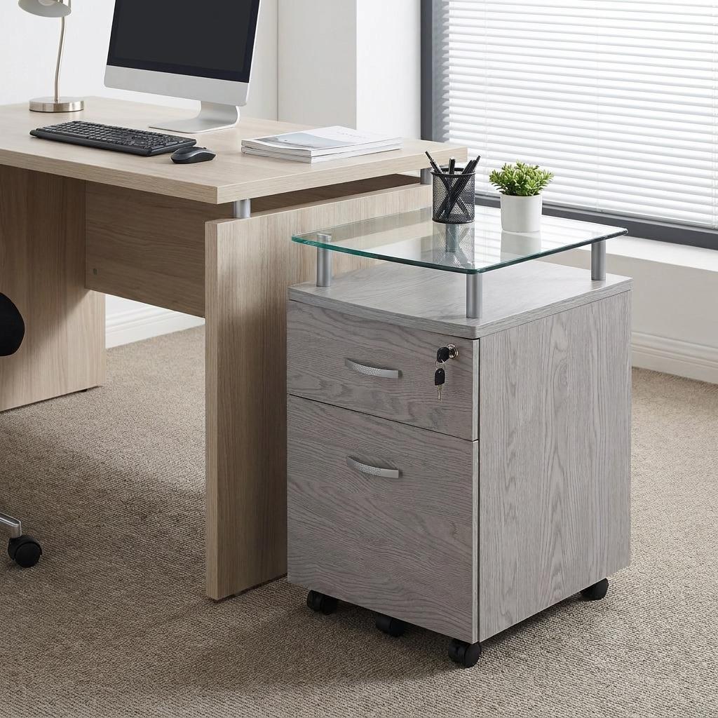 Gray Glass And Metal Two Drawer Rolling Filing Cabinet