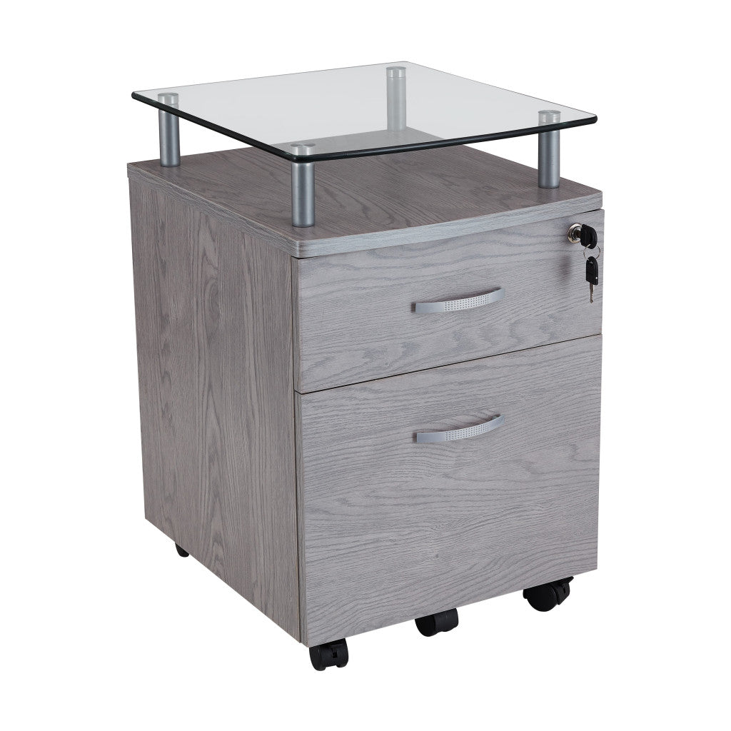 Gray Glass And Metal Two Drawer Rolling Filing Cabinet