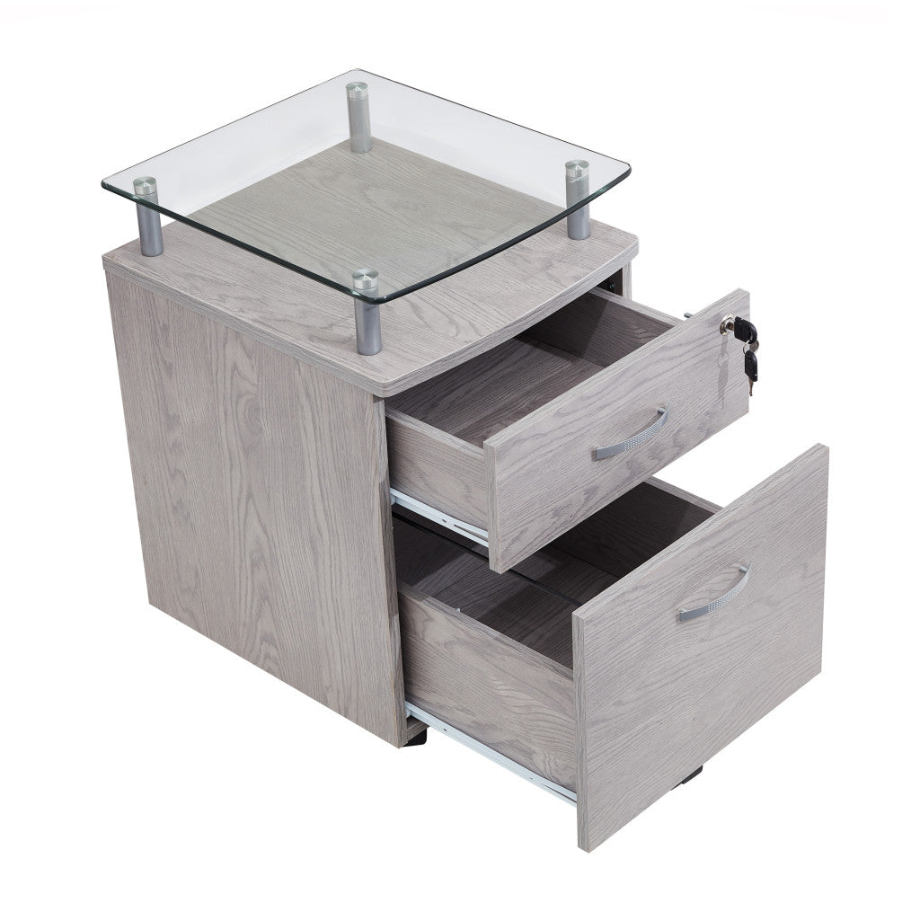 Gray Glass And Metal Two Drawer Rolling Filing Cabinet