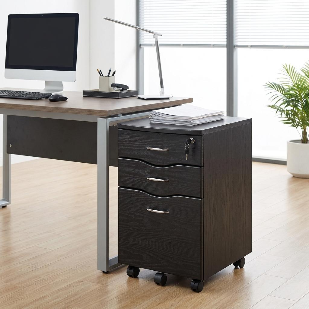 25" Espresso Wood Three Drawer Rolling Filing Cabinet