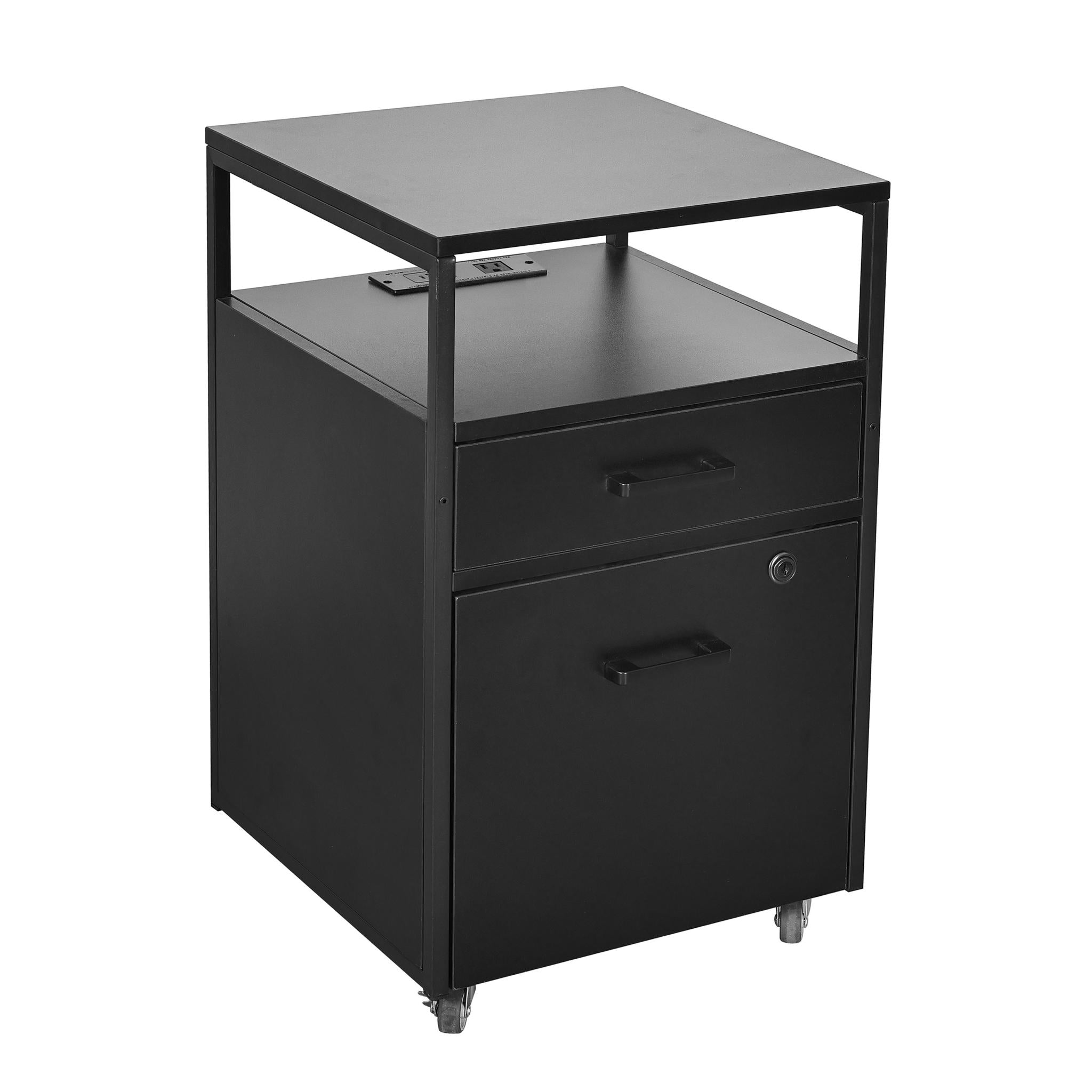 26" Black Wood And Metal Two Drawer Rolling Filing Cabinet With USB