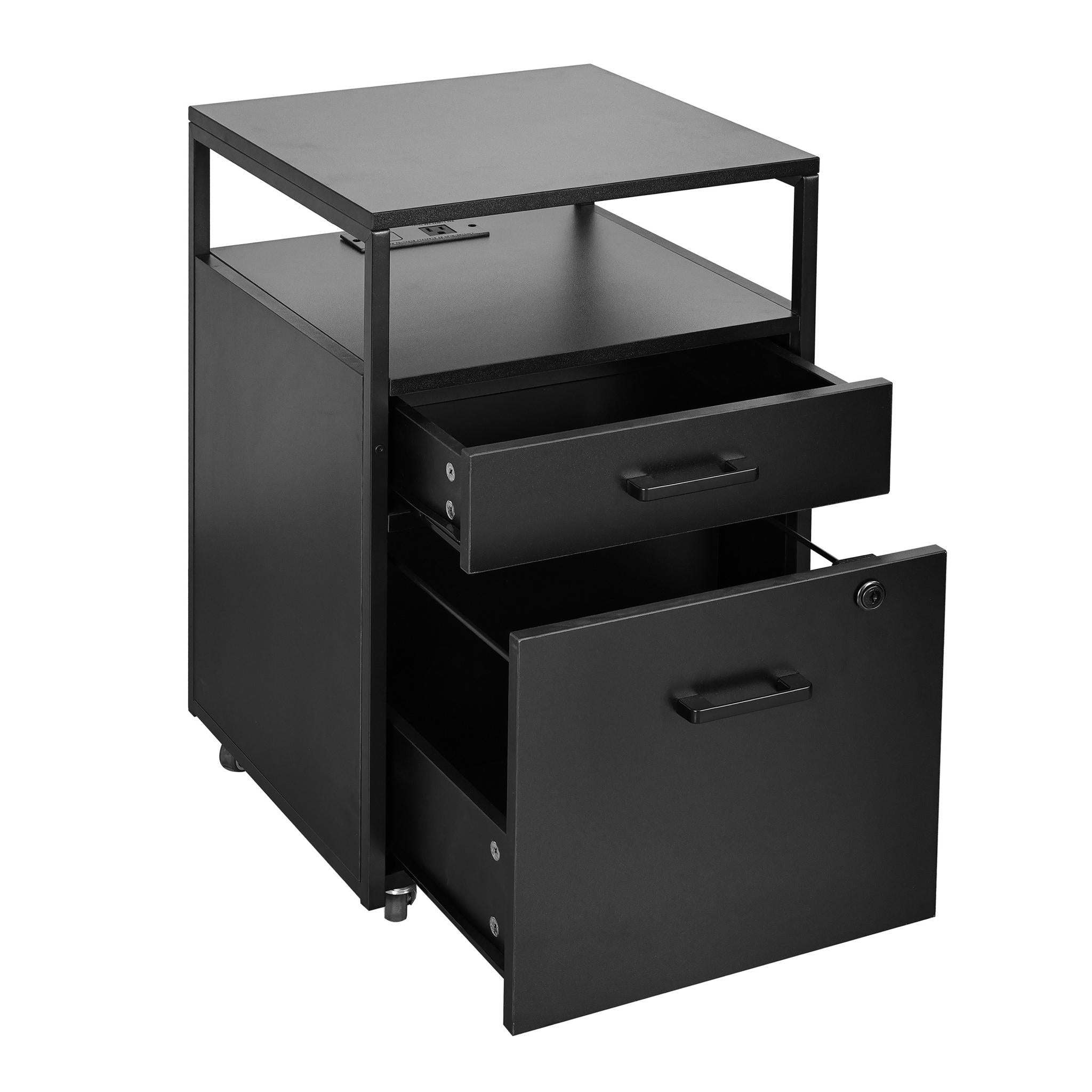 26" Black Wood And Metal Two Drawer Rolling Filing Cabinet With USB