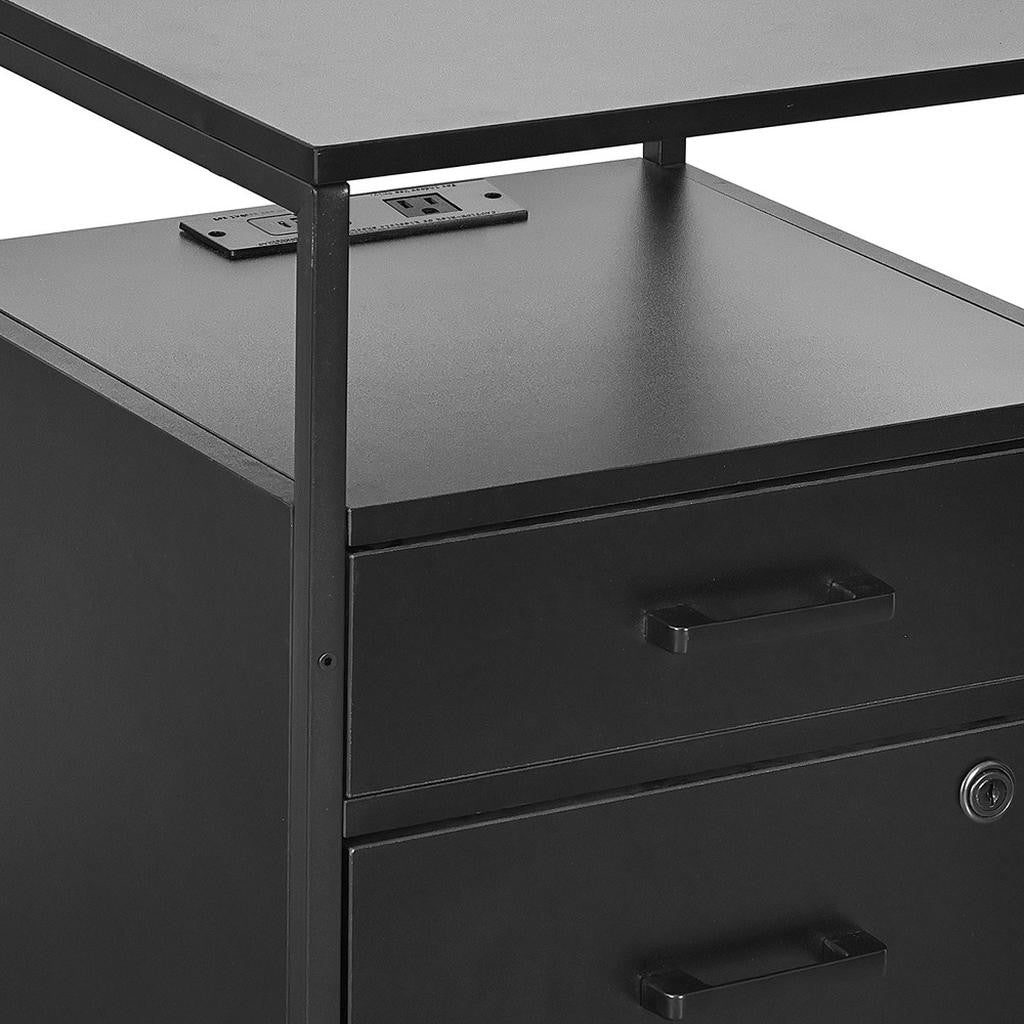 26" Black Wood And Metal Two Drawer Rolling Filing Cabinet With USB