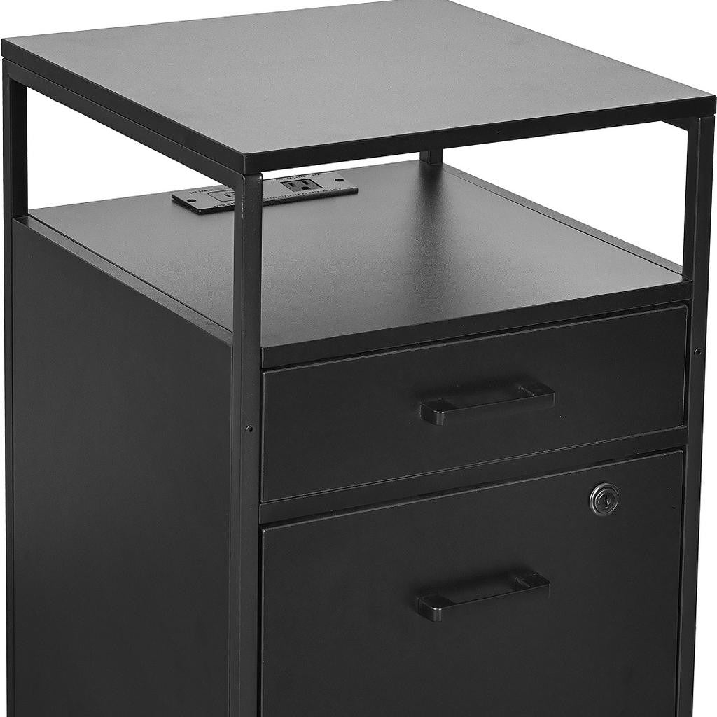 26" Black Wood And Metal Two Drawer Rolling Filing Cabinet With USB