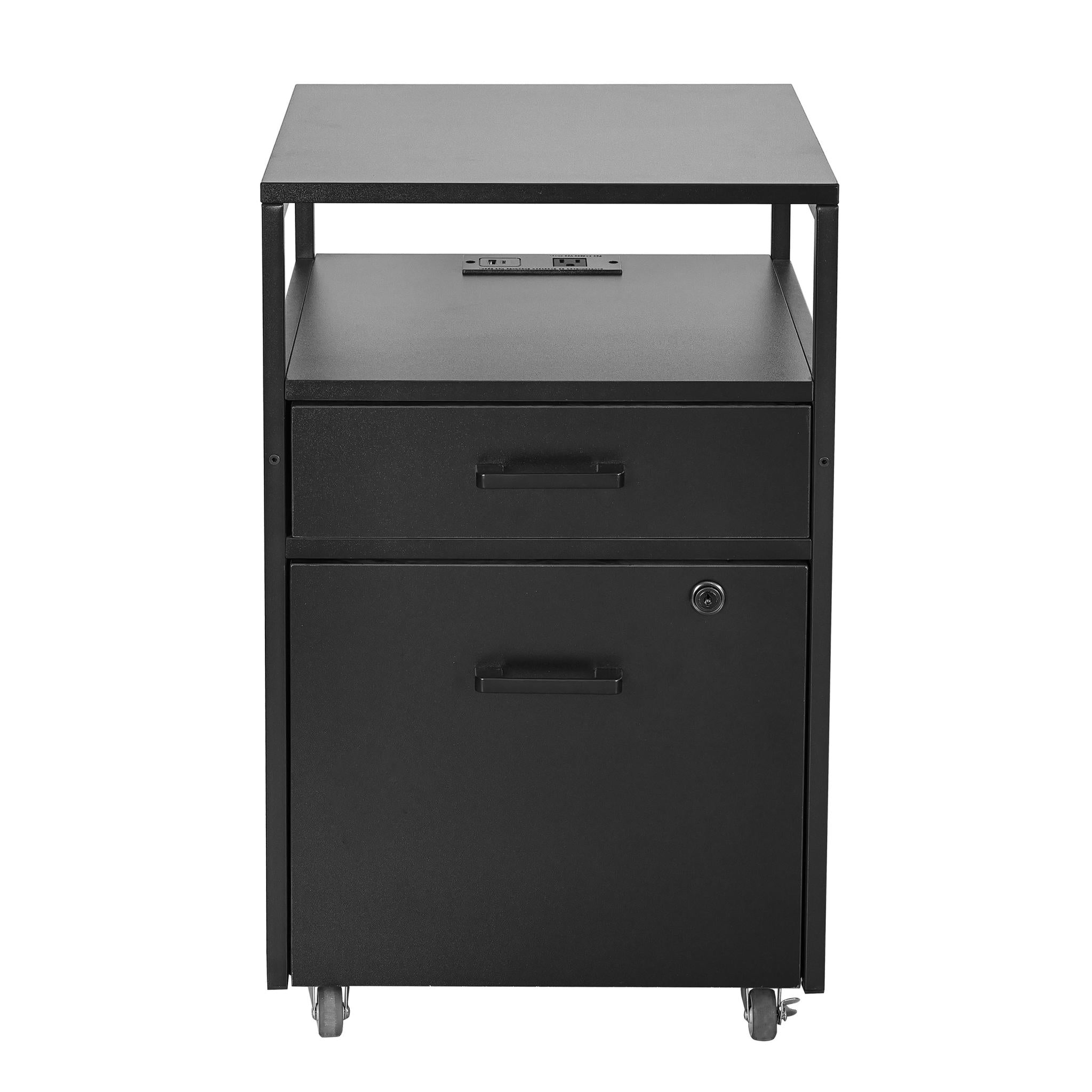 26" Black Wood And Metal Two Drawer Rolling Filing Cabinet With USB