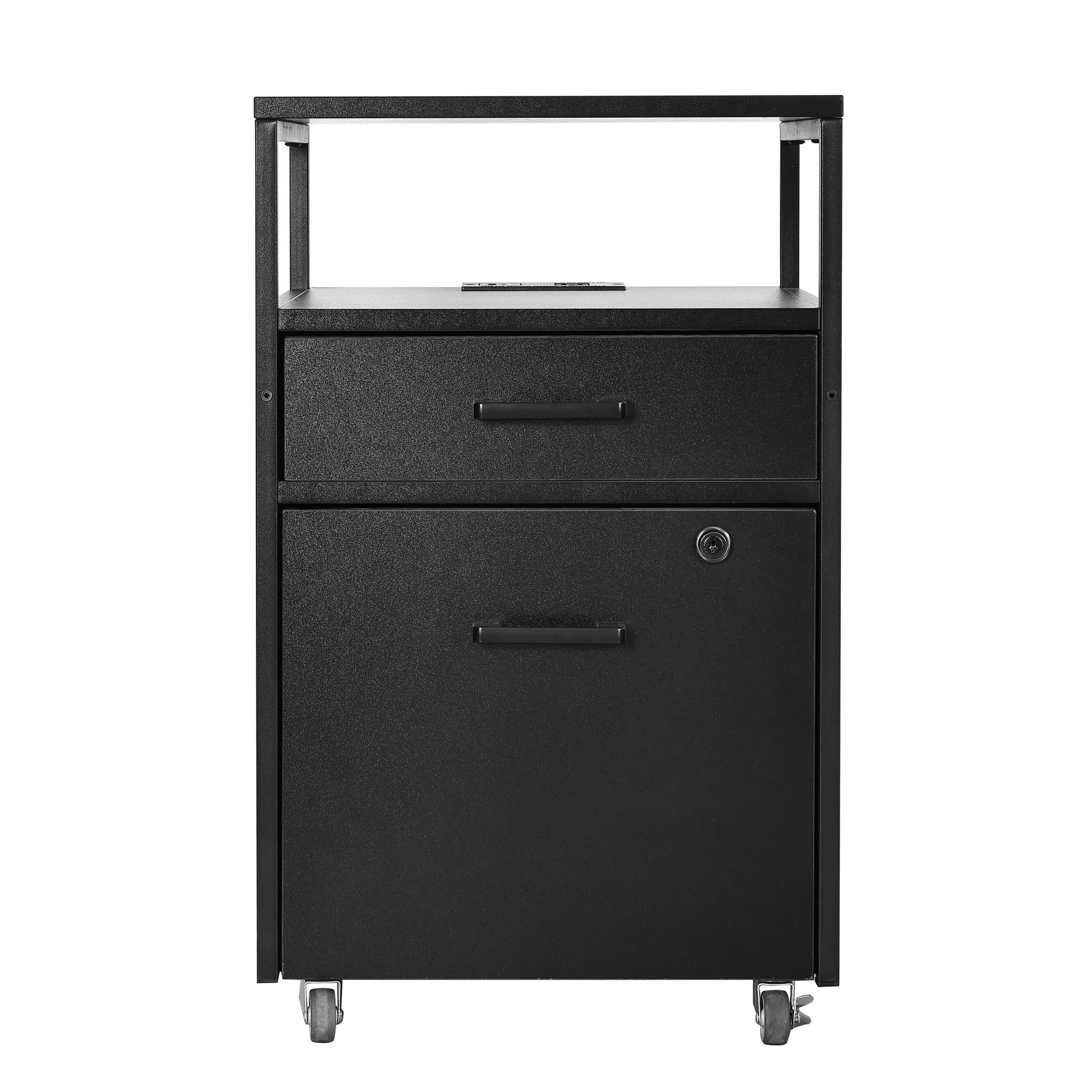 26" Black Wood And Metal Two Drawer Rolling Filing Cabinet With USB