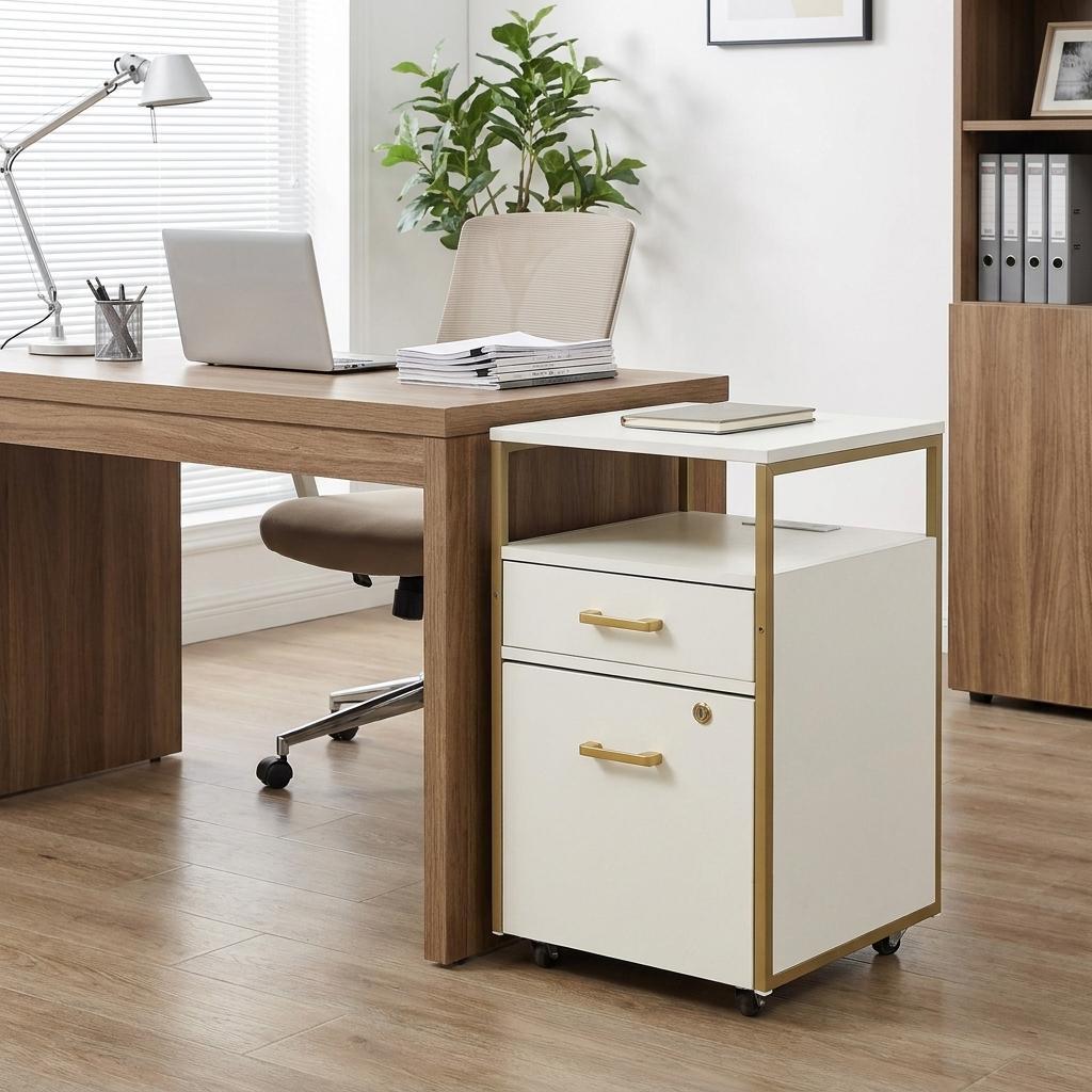 26" White And Gold Metal Two Drawer Rolling Filing Cabinet