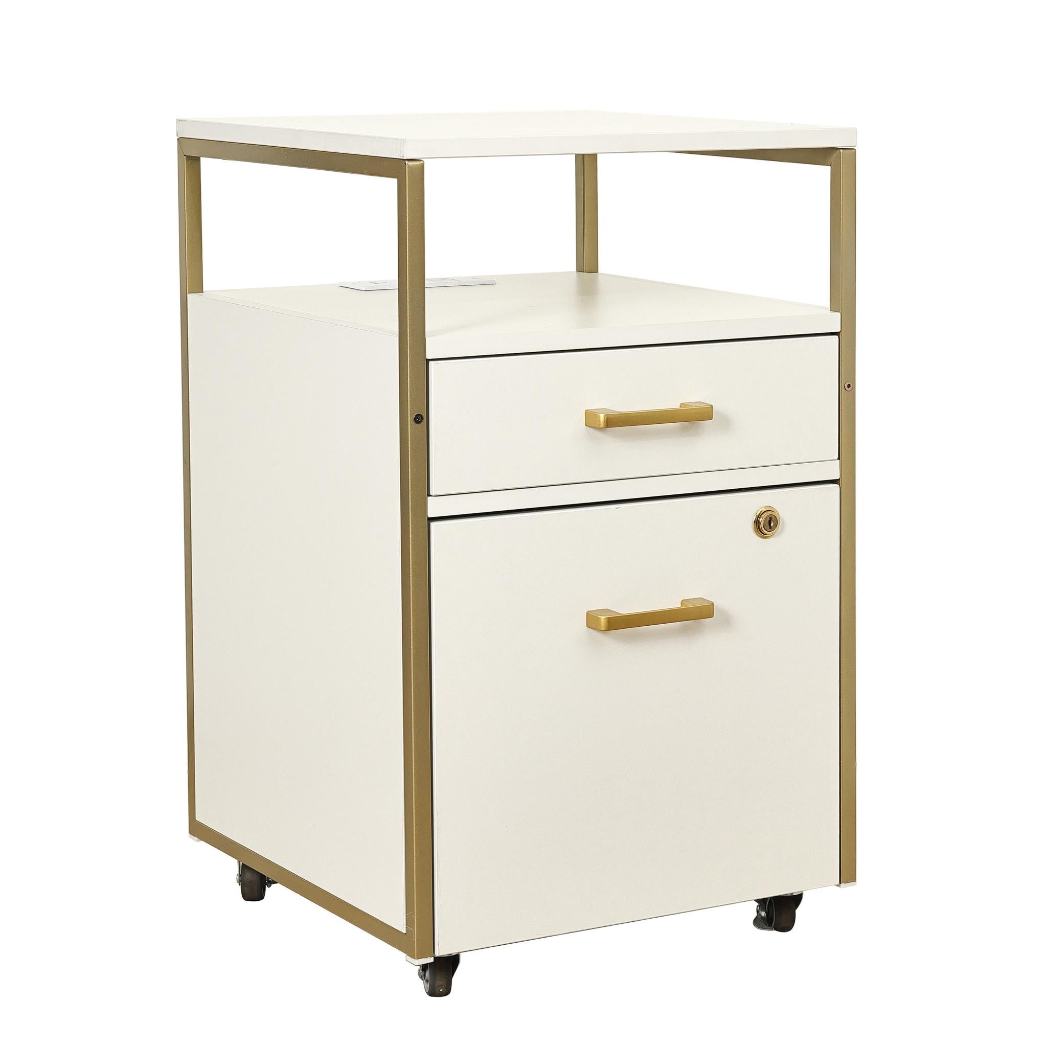 26" White And Gold Metal Two Drawer Rolling Filing Cabinet