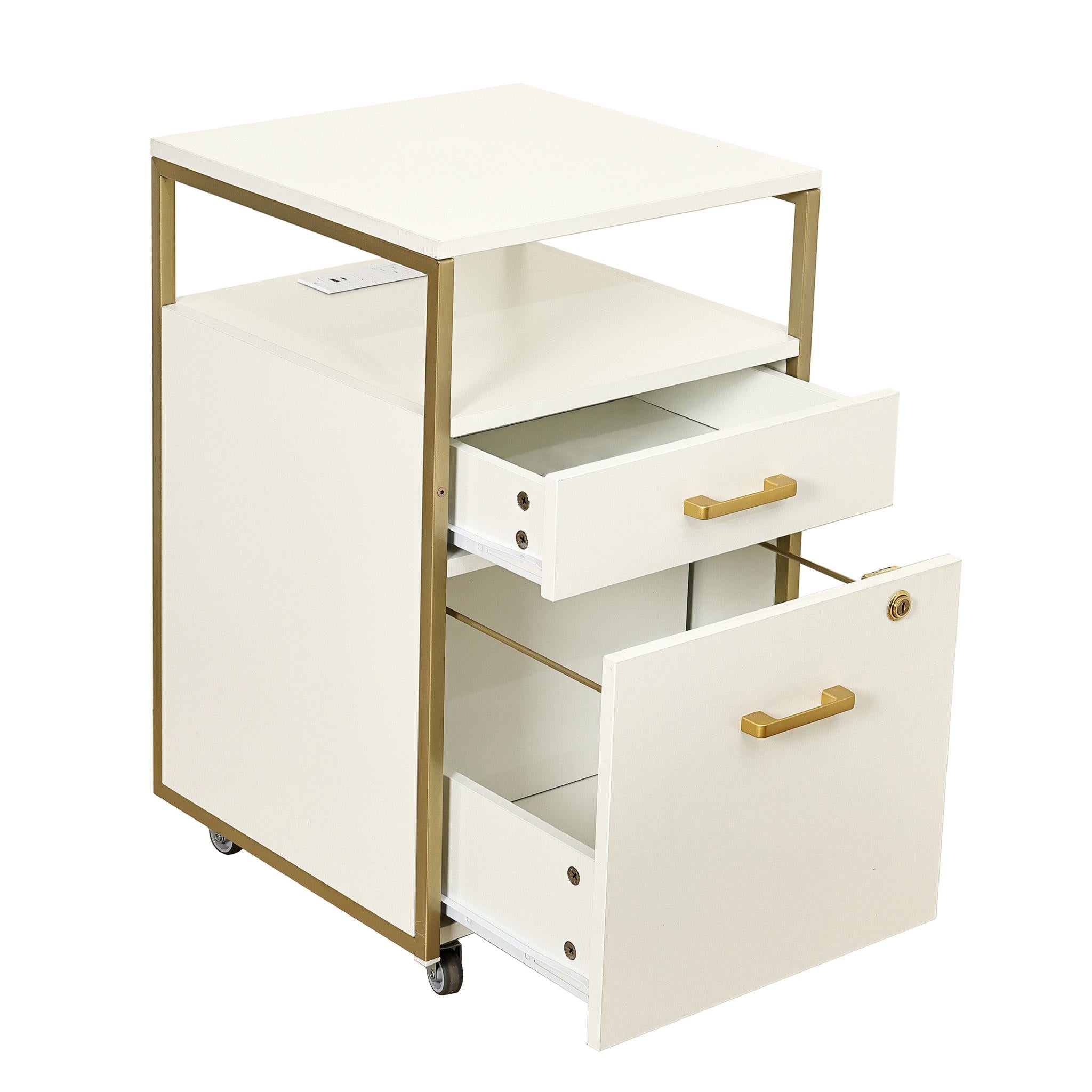 26" White And Gold Metal Two Drawer Rolling Filing Cabinet