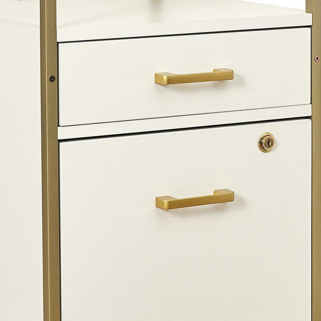 26" White And Gold Metal Two Drawer Rolling Filing Cabinet