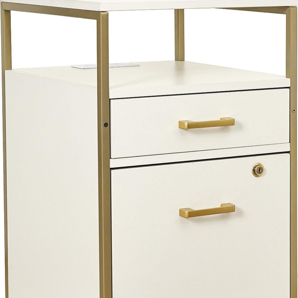 26" White And Gold Metal Two Drawer Rolling Filing Cabinet