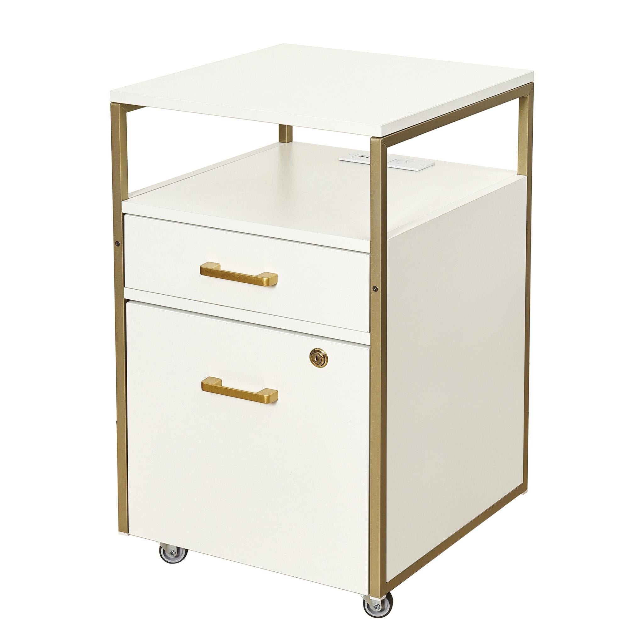 26" White And Gold Metal Two Drawer Rolling Filing Cabinet