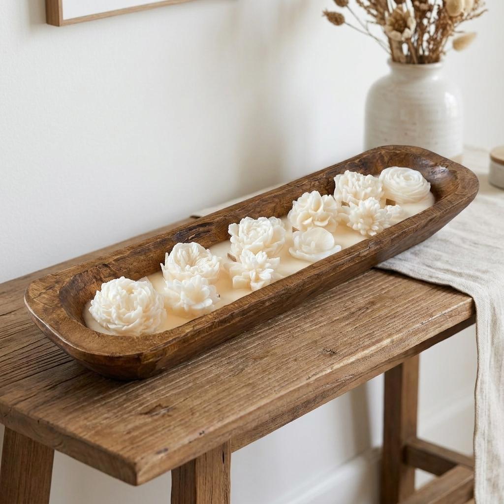 20" Ivory Day at the Spa Scented Six Wick Candle In Brown Distressed Wood Oval Dough Bowl