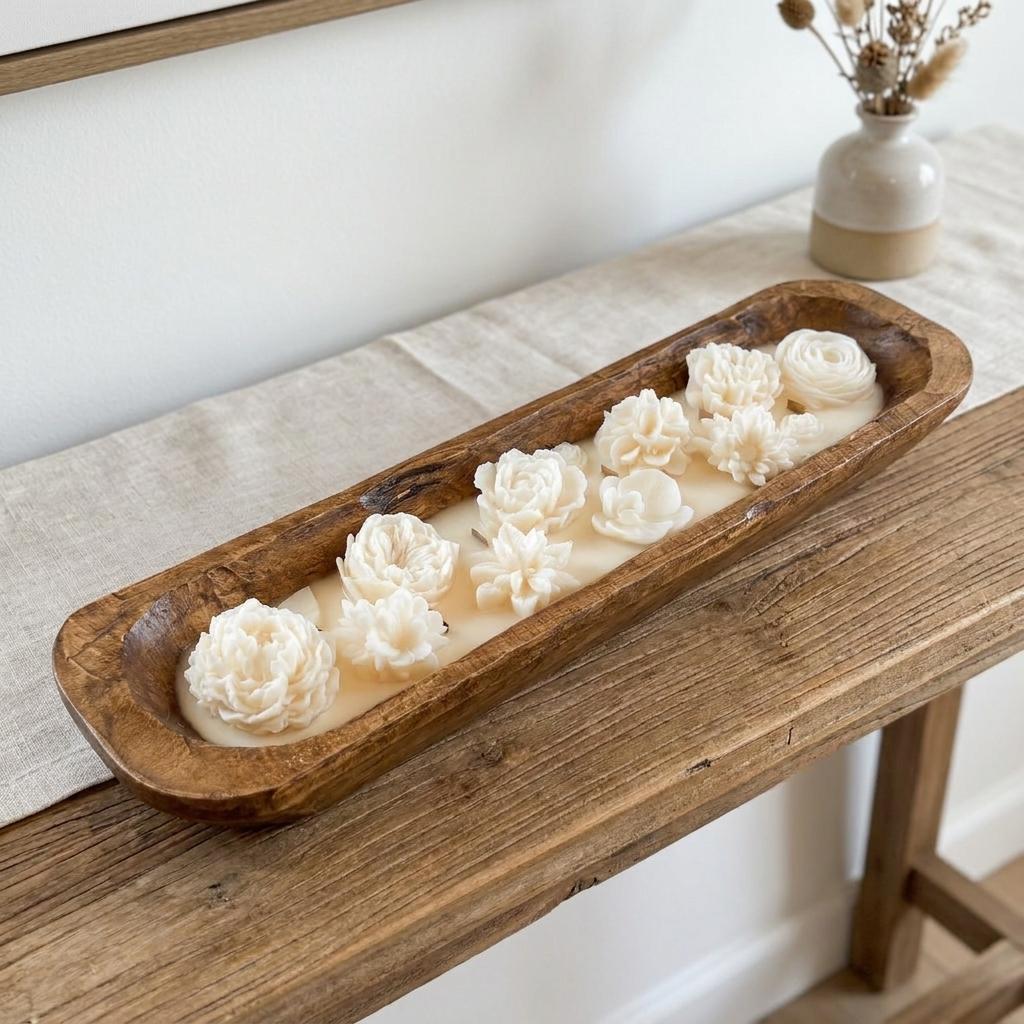 20" Ivory Patchouli Amber Scented Six Wick Candle In Brown Distressed Wood Oval Dough Bowl