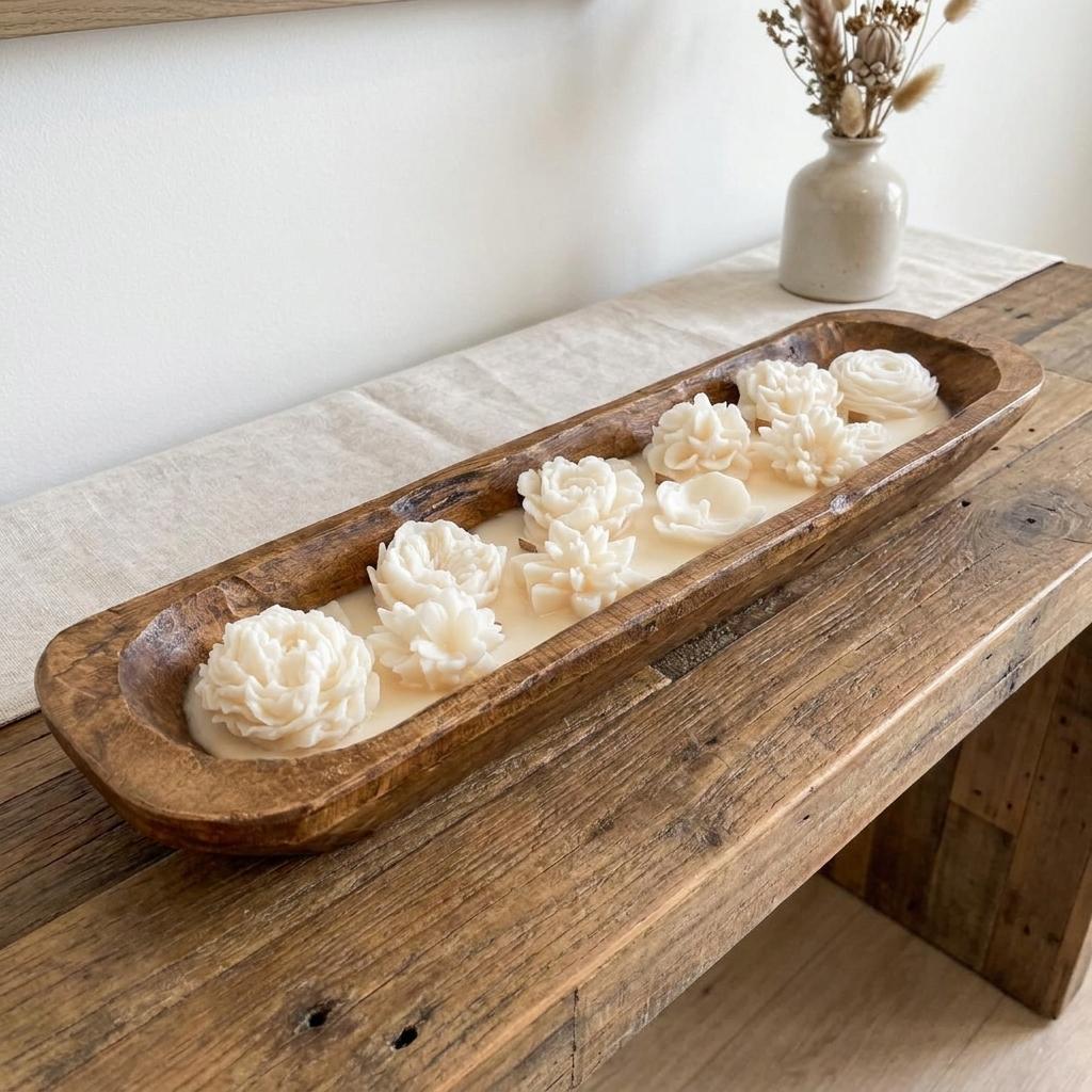 20" Ivory Wild Honeysuckle Scented Six Wick Candle In Brown Distressed Wood Oval Dough Bowl