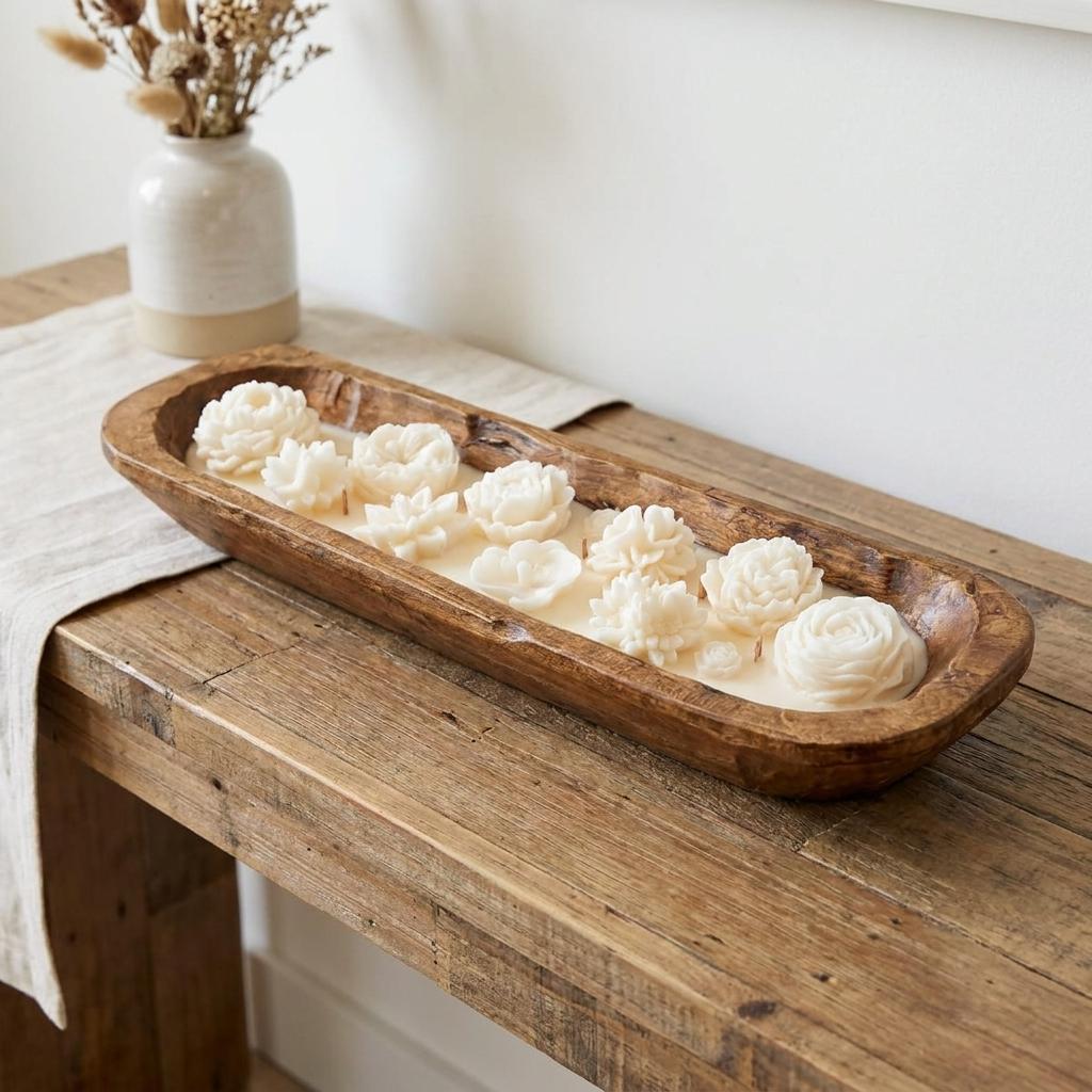 20" Ivory Mahogany And Teakwood Scented Six Wick Candle In Brown Distressed Wood Oval Dough Bowl