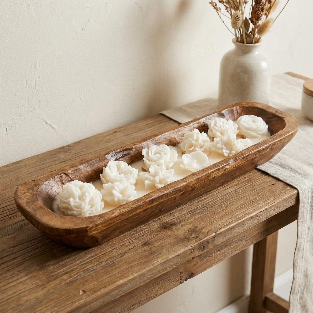 20" Ivory Eucalyptus Scented Six Wick Candle In Brown Distressed Wood Oval Dough Bowl