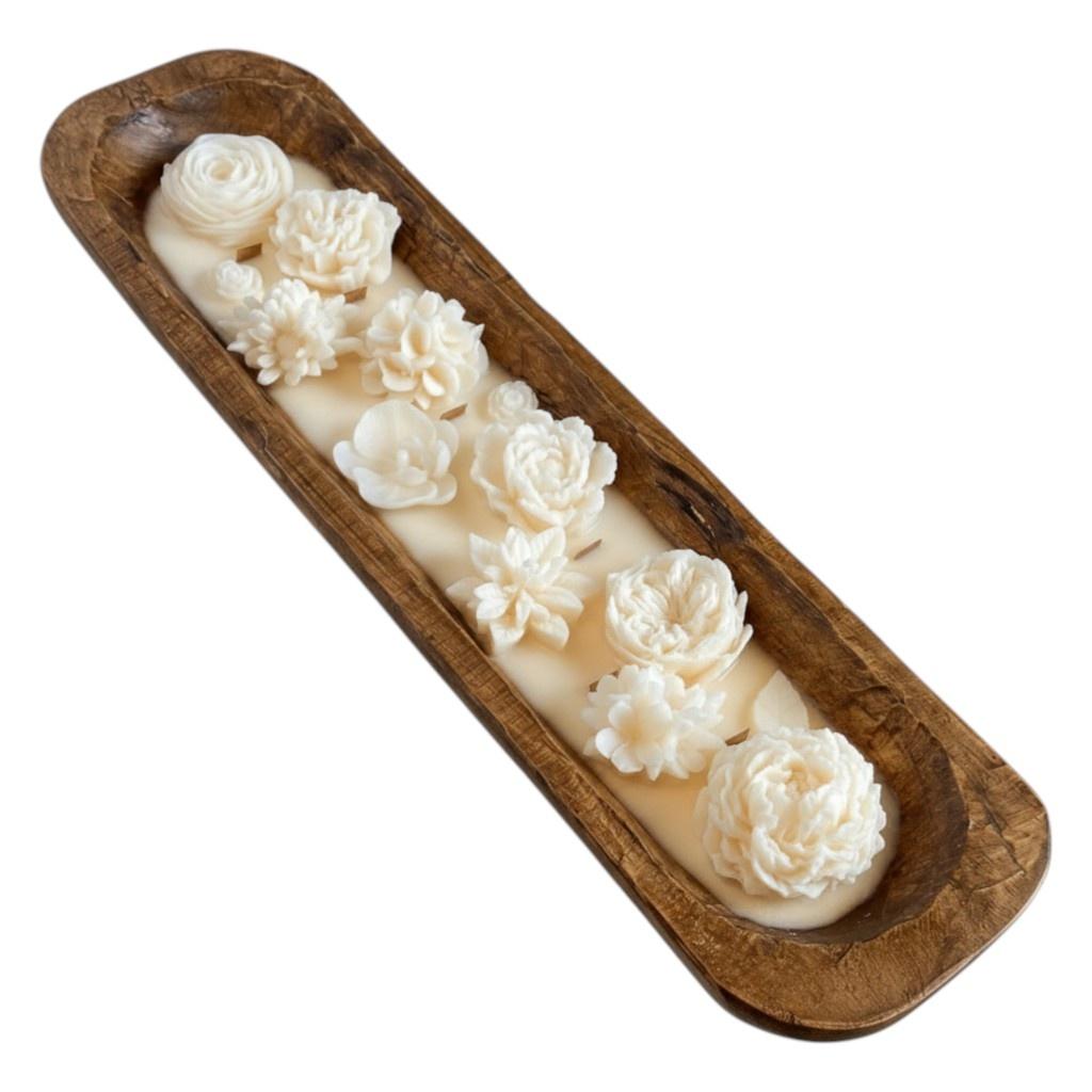 20" Ivory Love Spell Scented Six Wick Candle In Brown Distressed Wood Oval Dough Bowl