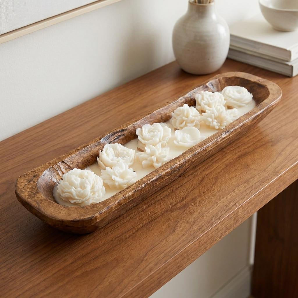 20" Ivory Sea Salt And Orchid Scented Six Wick Candle In Brown Distressed Wood Oval Dough Bowl